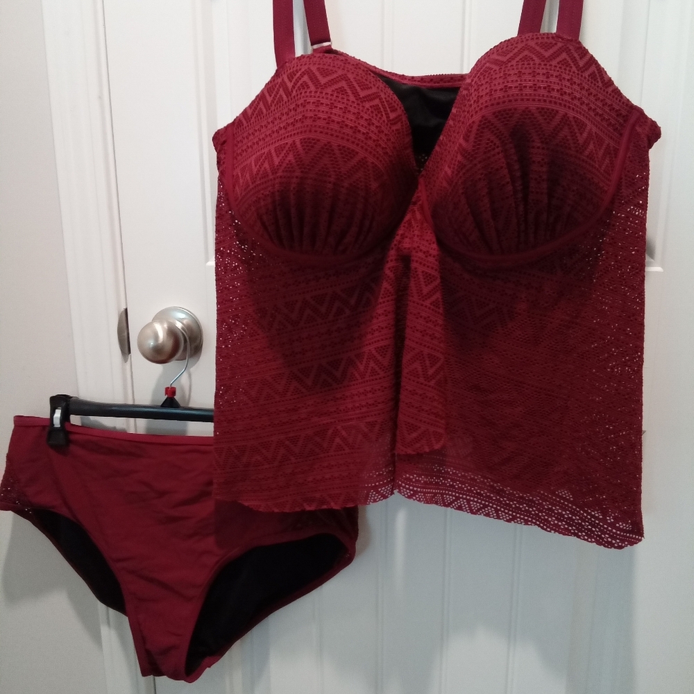 Swimsuits For All Burgundy Lace Tankini Set